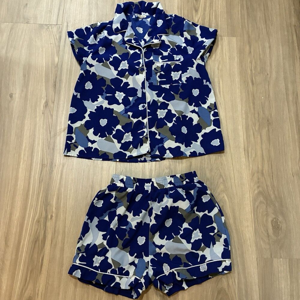 Women’s Pajamas 2 Piece Set Shorts JODIFL Size S Blue Floral Silky Comfy
